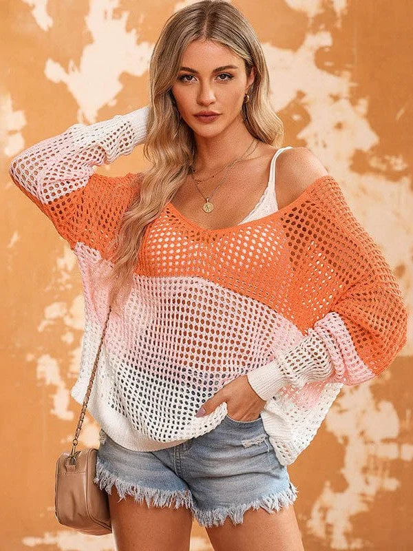 Colorful Twist Backless Knitted Sweater With Hollow Design And Long Sleeves, A Casual Style Top For Women Sequined Glittery Shiny