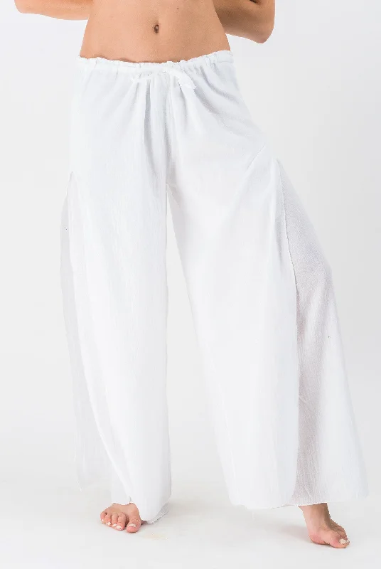 Womens Solid Color Double Layered Palazzo Pants in White Trendy High-Waist Trousers