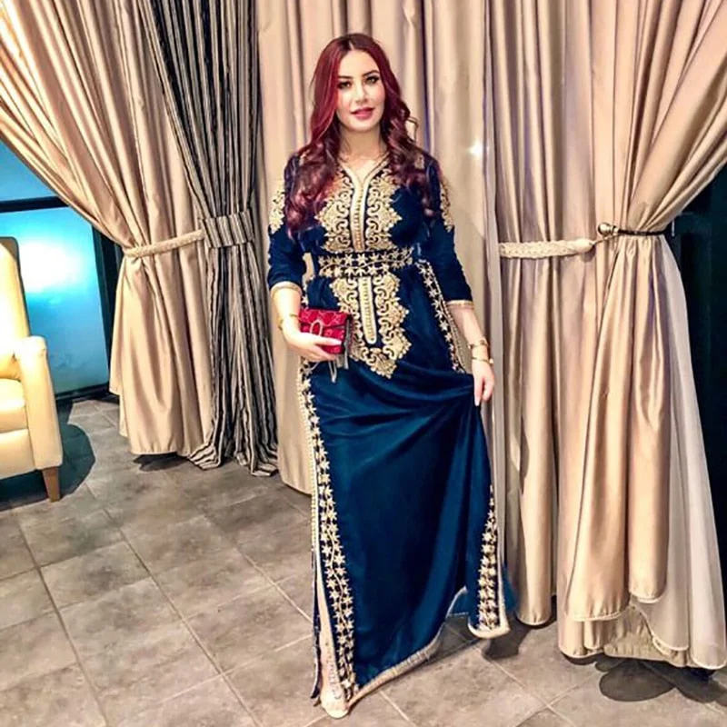 Prom Dresses Blue Velvet Morocco Caftan Golden Lace Evening Dresses Side Split Mermaid Prom Dress Long Sleeve Formal Evening Party Dress Tunics Print Colorful