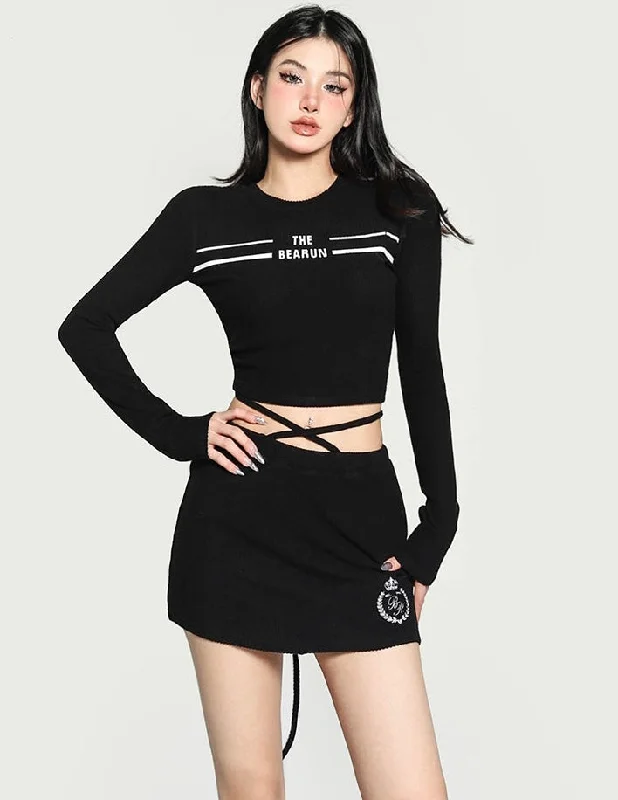 THE BEARUN Letter Embroidery Solid Color Black Long Sleeve Cropped Top Lace Up Mini Skirt Matching Set leather skirt bold