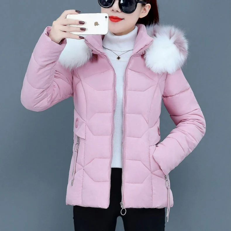 Female Short Cotton Coat Thickened Slim Fit Fashionable Jacket Welt Pockets Slit Pockets Flap Pockets