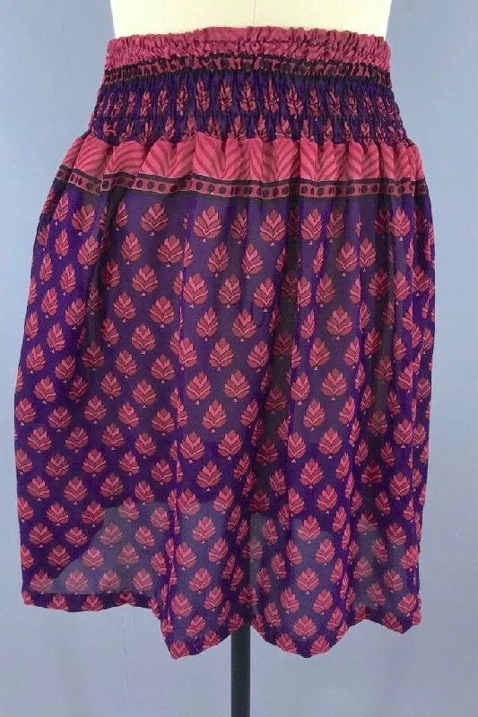 Indian Chiffon Sari Skirt - Purple & Red Leaf Print linen skirt breathable