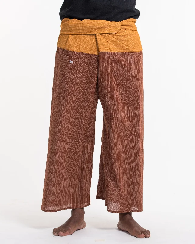 Unisex Two Tone Pinstripe Thai Fisherman Pants in Brown Stylish Elastic Waist Pants
