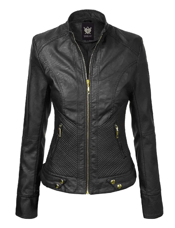 Made By Johnny MBJ Womens Faux Leather Zip Up Moto Biker Jacket with Stitching Detail Appliqued Jacket Beaded Jacket Sequined Jacket