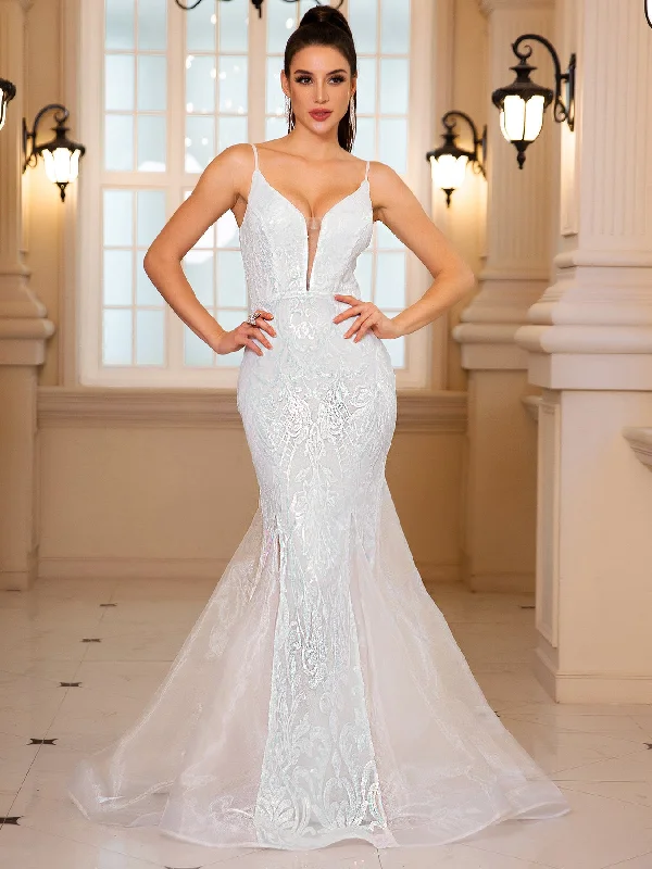 Cinessd Sleeveless V Neck Sequined Mermaid White Wedding Party Dress Backless Floor Length Evening Prom Gown Outfit Idea Tunics Cozy comfortable