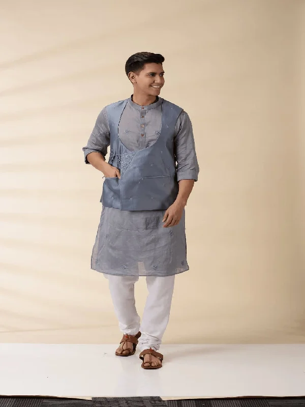 Chanderi Men's Achkan Jacket & Kurta Set - Grey Zip Front Button Front Snap Front