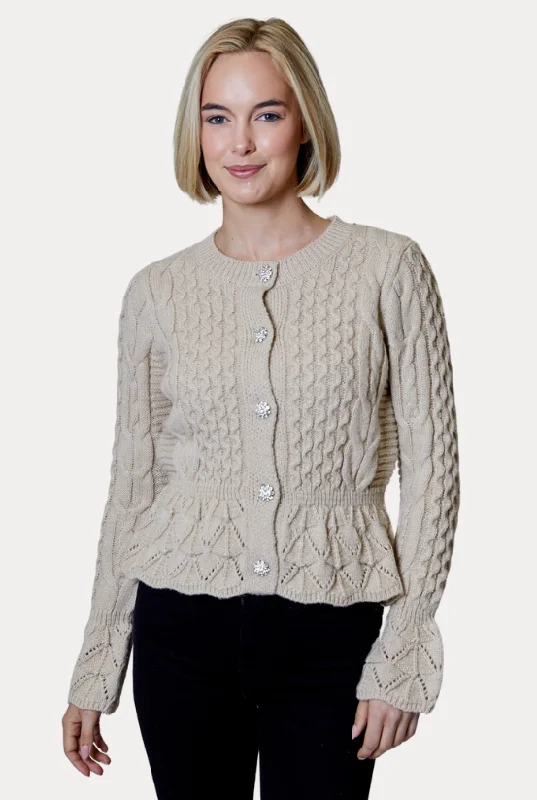 Design History Crewneck Sweater with Crystal Buttons in Toasted Almond Handmade Hand-knitted Hand-woven