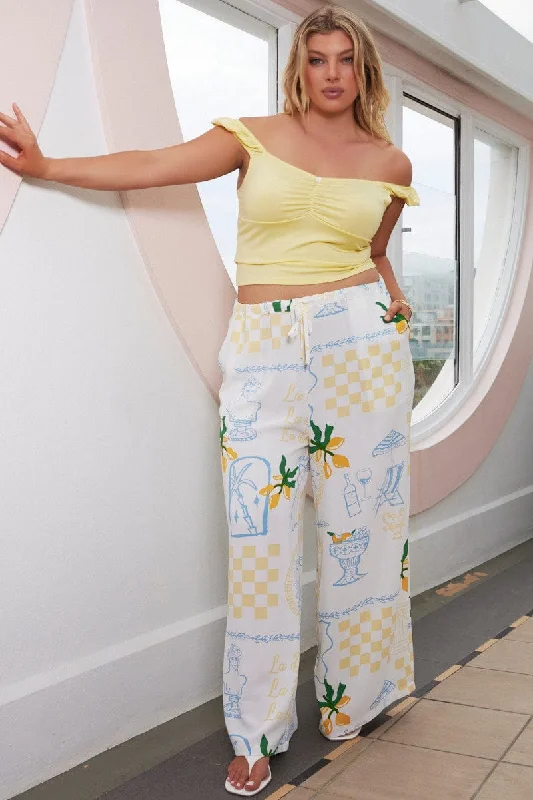 Yellow Abstract Wide Leg Pants Casual Wide Pants