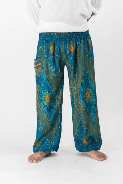 Unisex Peacock Eye Harem Pants in Turquoise Relaxed Fit Trousers