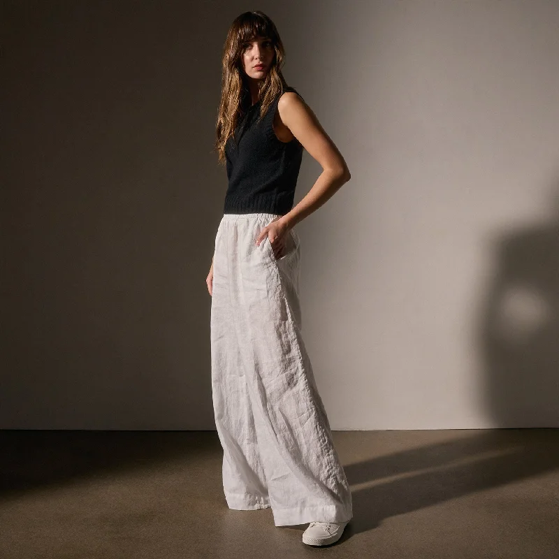 Lightweight Linen Wide Leg Pant - White Cozy Full-Length Pants