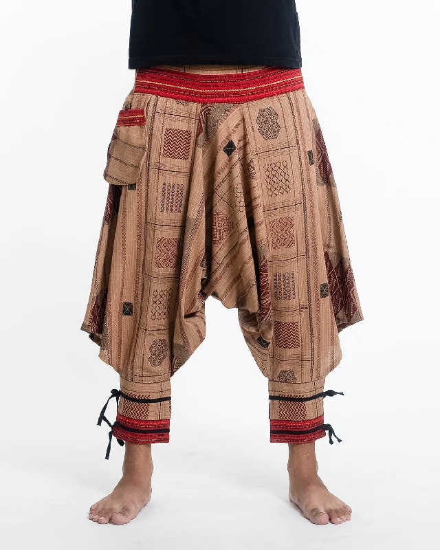 Thai Hill Tribe Fabric Drop Crotch Harem Pants with Ankle Straps in Beige Casual Drawstring Pants