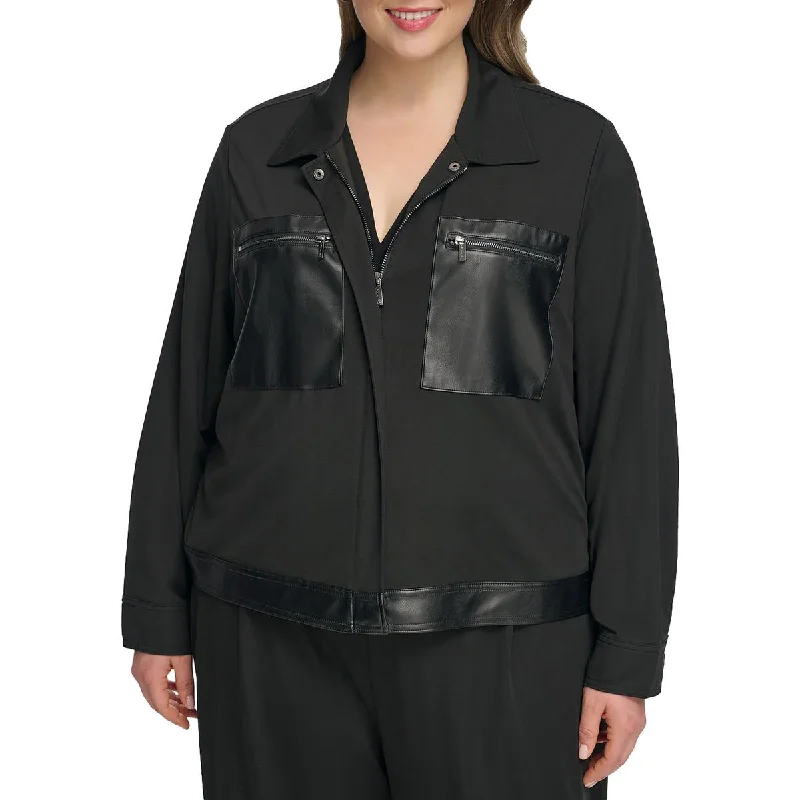 Calvin Klein Womens Plus Faux Leather Trim Lightweight Shirt Jacket Rayon Fabric Velvet Fabric Corduroy Fabric