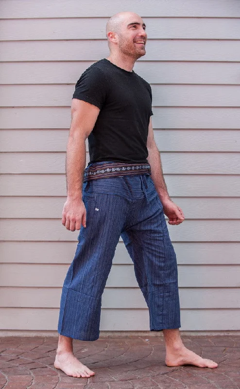 Unisex Pinstripe Thai Fisherman Pants in Navy Fashionable Button-Up Pants