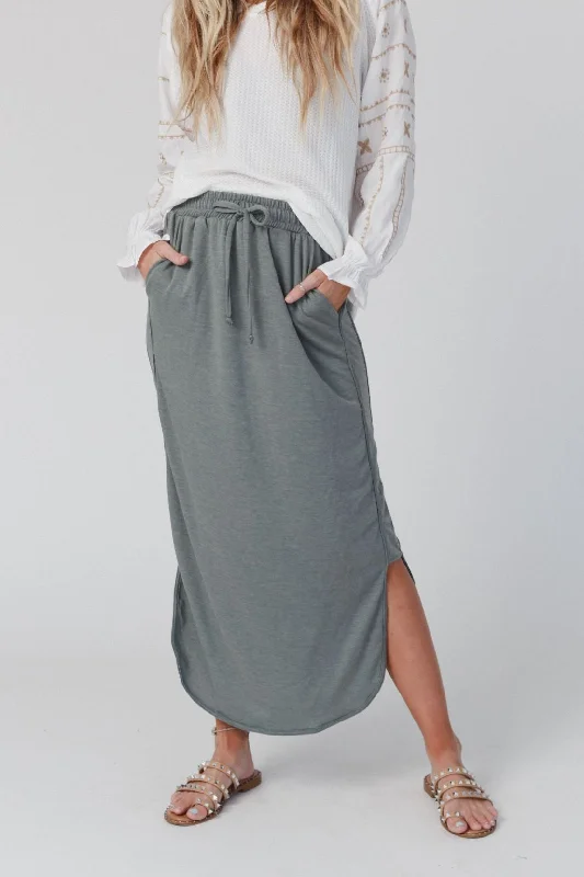 The Nest So Comfy Drawstring Maxi Skirt - Light Olive velvet skirt plush