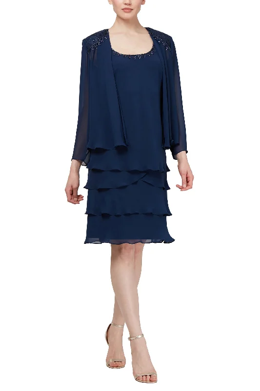 SL Fashions Scoop Neckline Tiered Hem Chiffon Dress with Matching Long Sleeve Beaded Jacket Denim Fabric Leather Fabric Suede Fabric SL Fashions Scoop Neckline Tiered Hem Chiffon Dress with Matching Long Sleeve Beaded Jacket Denim Fabric Leather Fabric Suede Fabric
