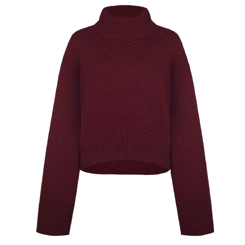 Wide Sleeves Burgundy 100% Cashmere Sweater Solid Color Striped Floral Print