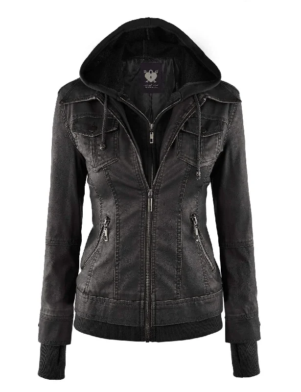 Made By Johnny MBJ Womens Faux Leather Motorcycle Jacket with Hoodie Insulated Jacket Fitted Jacket Loose Jacket