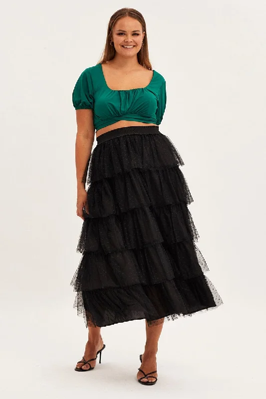 Black Midi Skirt Elastic Waist Mesh Ruffle belted skirt waist