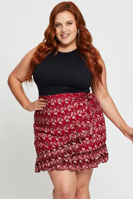 Boho Print Mini Skater Skirt Ruffle Hem leather skirt durable