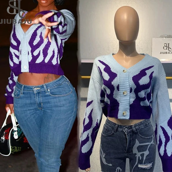 2024 New Design Crop Sweater Jacket Sexy V Neck Knitted Blue Long Sleeve Women Streetwear Sweater Top Fleece Jacket Down Jacket Feather Jacket