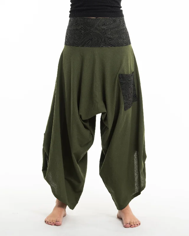 Unisex Button Up Cotton Pants with Hill Tribe Trim in Olive Casual Track Pants