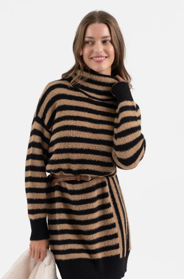 Camel Striped Turtleneck Sweater Dress - FINAL SALE Seamless Knitted Crochet
