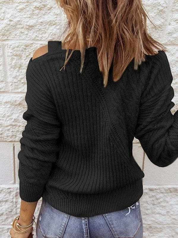 Cable Knit Asymmetrical Sweater Notch Collar Peter Pan Collar Cowl Neck