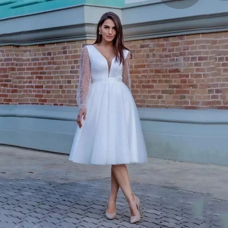 Prom Dresses Graduation 2022 Elegant Short Ivory Tull Wedding Dresses A Line Long Sleeves Pearl Knee-Length Prom Gowns Wedding Party Dress2022 Elegant Short Ivory Tull Wedding Dresses A Line Long Sleeves Pearl Knee-Length Prom Gowns Wedding Party Dress Tunics Solid Classic