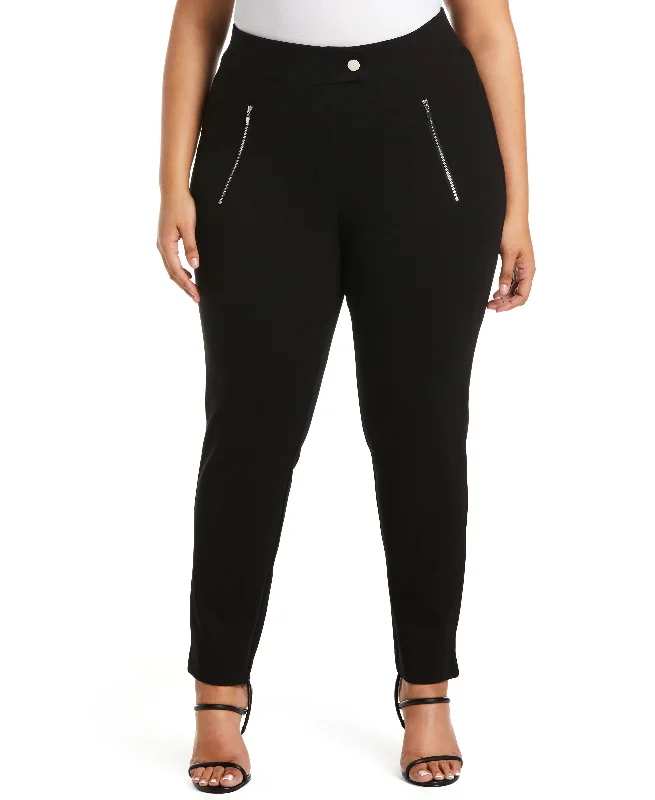 Plus Size Classic Fit Pull-On Ankle Pant with Zipper Detail Slim-Fit Khaki Pants