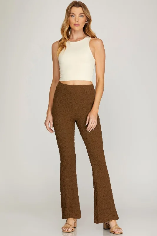 BROWN TEXTURED W/ELASTIC WAIST BAND KNIT PANTS S8SY5007 Comfy Zip-Up Pants