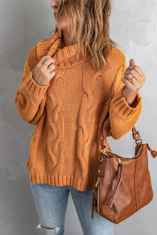 Cable Knit Cowl Neck Sweater - Relaxed Fit Zippered Buttoned Snapped