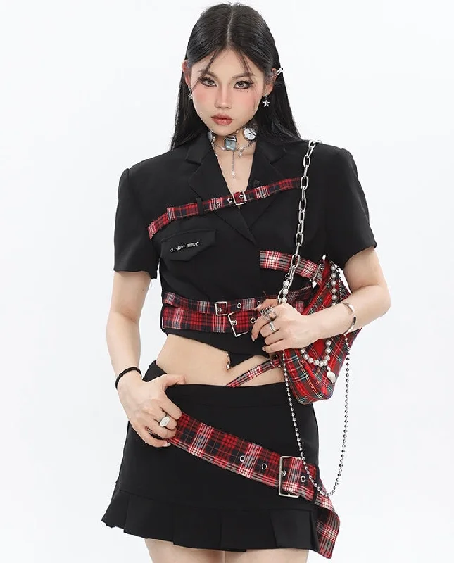 Suzy Red Plaid Short Sleeve Waist Belt Cropped Top + High Waist Black Belt Mini Skirt Matching Set vintage skirt charm