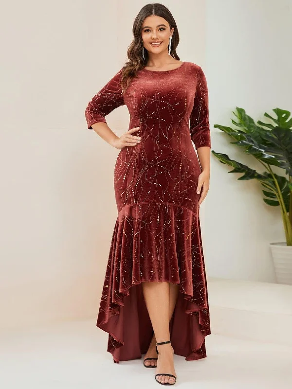 Elegant Plus Size Bodycon High-Low Formal Velvet Party Dress Tunics Gym athletic