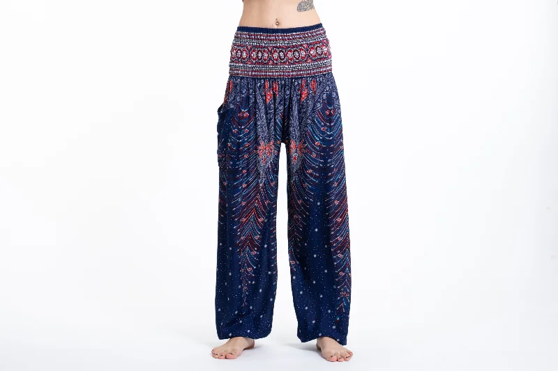 Unisex Peacock Feathers Harem Pants in Blue Modern Skinny Pants