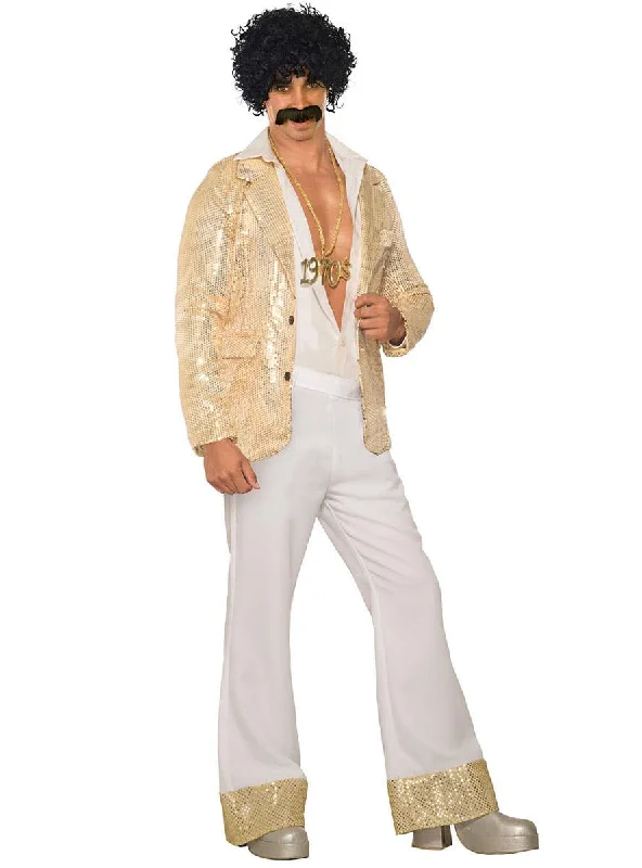 70s Mens White Disco Pants with Gold Sequin Trim Casual Plaid Pants