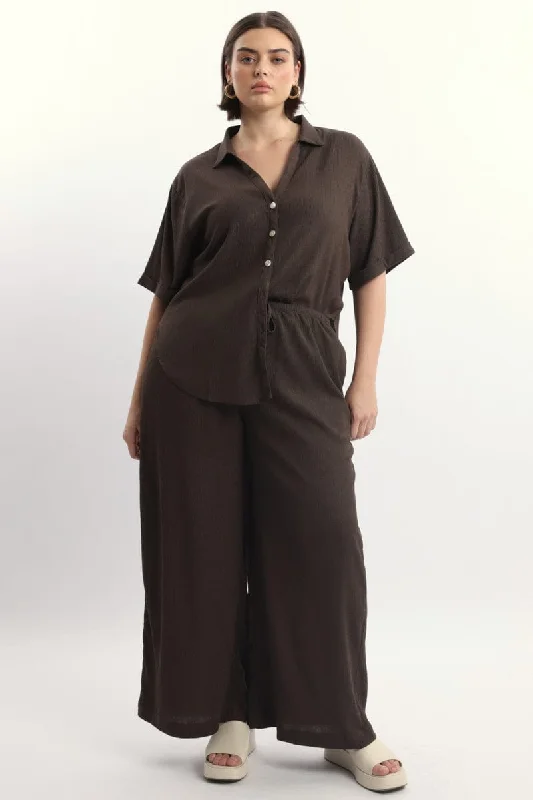 Brown Textured Wide Leg Pants Elegant Wool Trousers