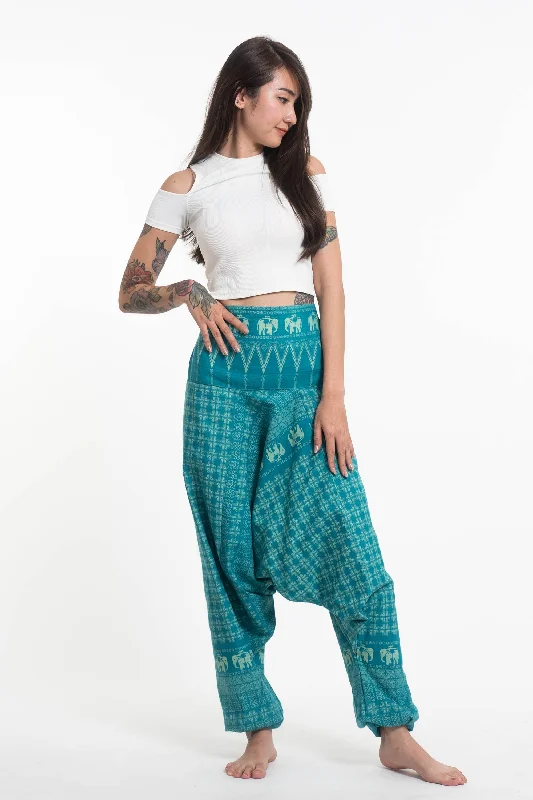 Unisex Hill Tribe Elephants Harem Pants in Turquoise Formal Slim Pants