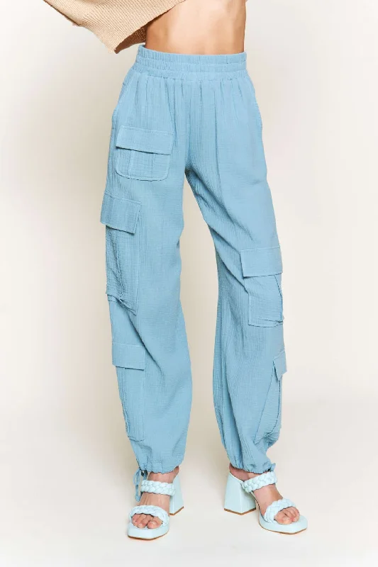 DUSTY BLUE LINEN WIDE LEG CARGO PANTS P9334 Chic Faux Leather Pants