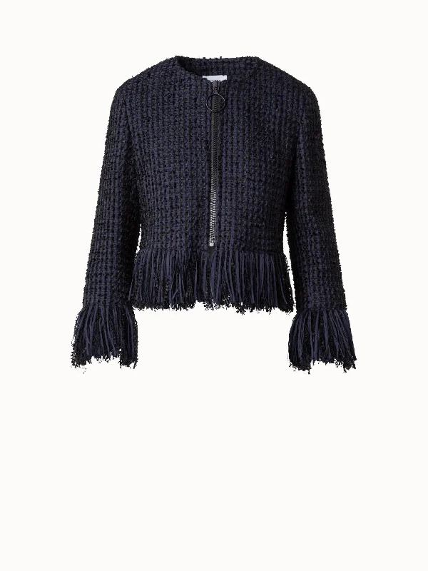 Chunky Cotton Blend Tweed Jacket with Fringe Mesh Jacket Canvas Jacket Denim Jacket