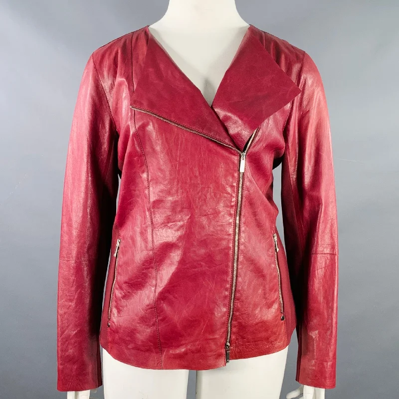 LAFAYETTE 148 Size 18 Burgundy Leather Lambskin Zip Up Jacket Rayon Fabric Velvet Fabric Corduroy Fabric