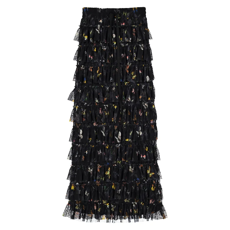 ROWE Black Butterfly Mesh Ruffles Skirt lace skirt feminine