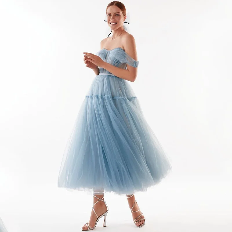 Cinessd Blue Short Prom Dresses 2022 Off Shoulder Tiered Skirt A-Line Party Dresses Pleated Tea-Length Tulle Formal Gowns Turtleneck Warm Winter Cinessd Blue Short Prom Dresses 2022 Off Shoulder Tiered Skirt A-Line Party Dresses Pleated Tea-Length Tulle Formal Gowns Turtleneck Warm Winter