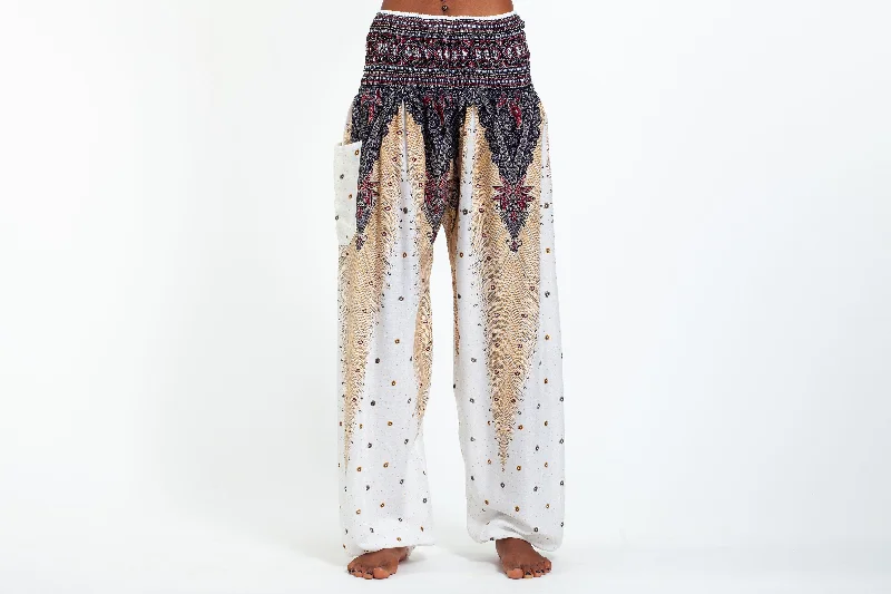 Unisex Peacock Feathers Harem Pants in White Comfortable Maternity Pants