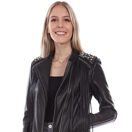 Scully Women's Black Lambskin Jacket with Studs & Fringe Satin Jacket Silk Jacket Chiffon Jacket