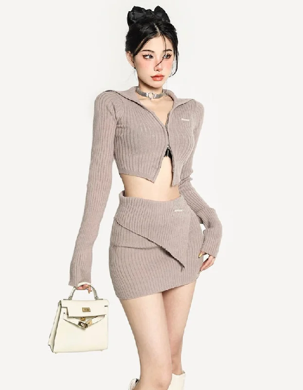 Jazmyn Solid Color Ribbed Light Brown Zip Up Long Sleeve Top Slim Mini Skirt Matching Set satin skirt smooth