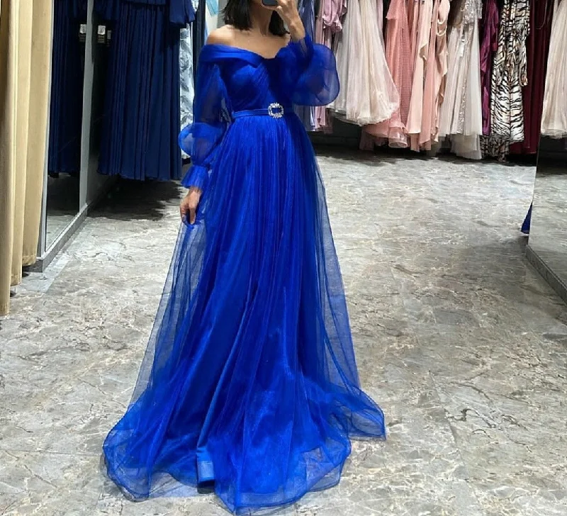Cinessd Elegant Royal Blue Off Shoulder Prom Dresses Tulle Long Sleeves A-Line With Beaded Belt Zipper Back Evening Party Dresses Tunics Stylish modern Cinessd Elegant Royal Blue Off Shoulder Prom Dresses Tulle Long Sleeves A-Line With Beaded Belt Zipper Back Evening Party Dresses Tunics Stylish modern