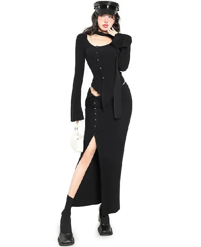 Emery Solid Color Ribbed Button Up Long Sleeve Top Long Side Slit Button Up Skirt Matching Set lace skirt delicate