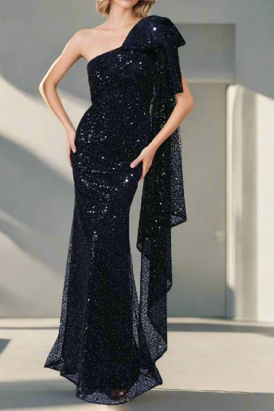 One Shoulder Dark Navy Mermaid Sleeveless Party Dresses with Bowknot Tunics Sophisticated sleek One Shoulder Dark Navy Mermaid Sleeveless Party Dresses with Bowknot Tunics Sophisticated sleek