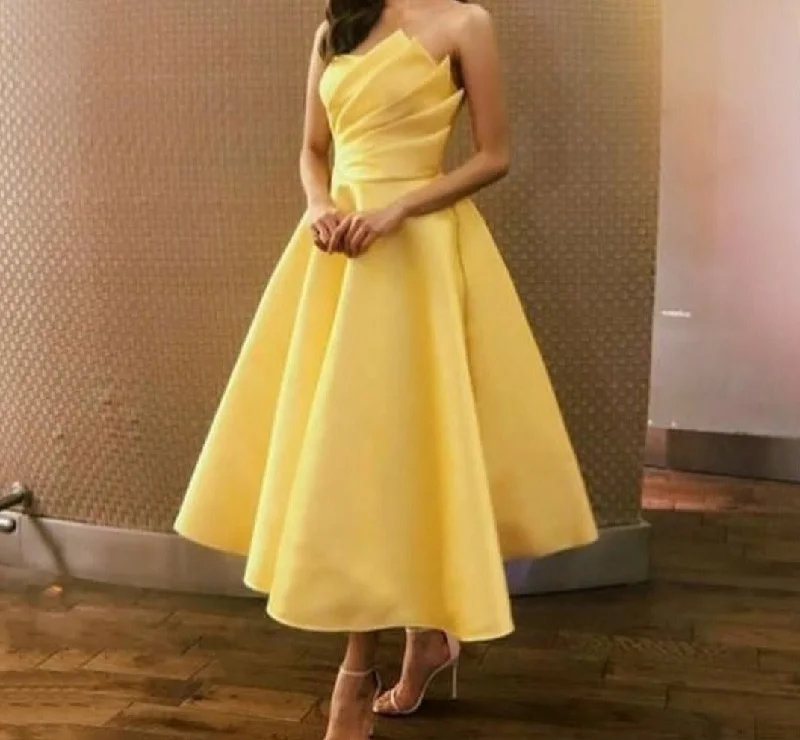Cinessd Elegant Yellow Short Off Shoulder Party Dresses 2024 A-Line Tea Length Pleated Satin Prom Evening Gowns With Pockets Tunics Chic elegant Cinessd Elegant Yellow Short Off Shoulder Party Dresses 2024 A-Line Tea Length Pleated Satin Prom Evening Gowns With Pockets Tunics Chic elegant