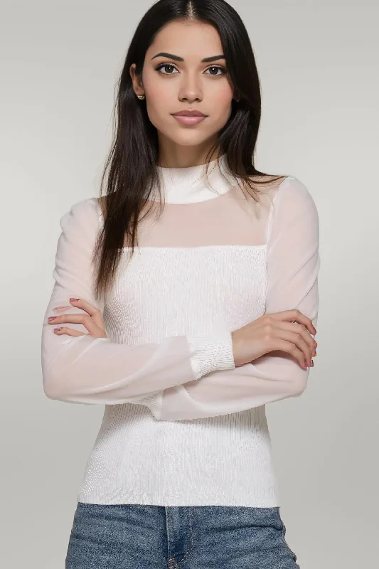 Long Sleeve Mesh Panel Detail Sweater Top Seamless Knitted Crochet